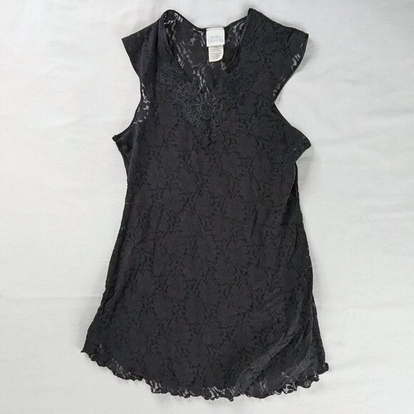 VTG Black Floral Lace Sheer V Neck Mini Slip Dress - Picture 3 of 10